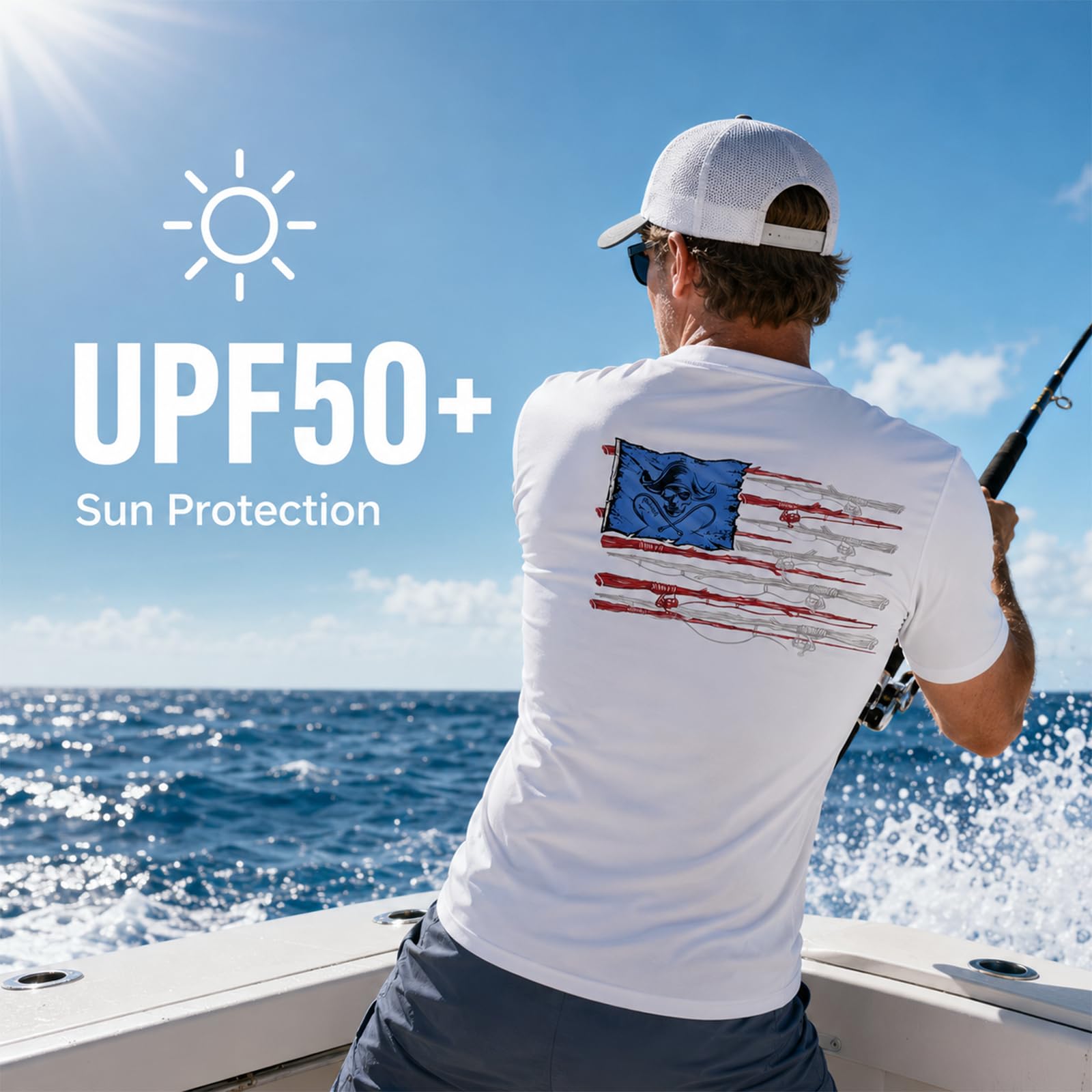 Palmyth Fishing Shirts for Men Sun Protection Shirts Short Sleeve UPF 50+ T-Shirt Tee Quick Dry White Bone Flag X-Large