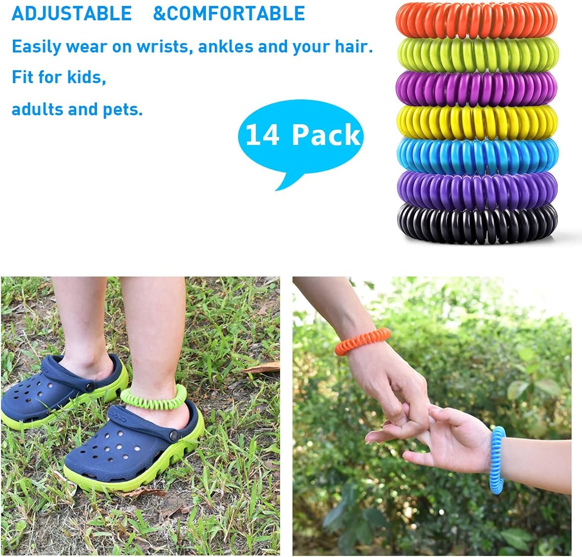 Skiennix Mosquito Bracelets - 14 Pack for Kids & Adults | Natural Citronella, Lemongrass & Eucalyptus, 350 Hours of Protection