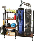 HavenlyYouth Golf Bag Storage Organizer - Fits 2 Bags | 360° Swivel Wheels, Wood Shelves, Anti-Tip Straps