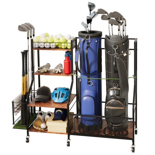 HavenlyYouth Golf Bag Organizer for 2 Bags, Large Golf Rack with Golf Bag Storage, Golf Bag Stand with Golf Club Rack, Extra Sports Equipment Rack for Garage & Golf Clubs with Wheels