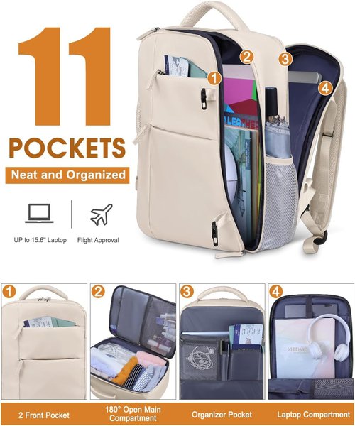 Capolo Waterproof Travel Backpack - Airlines Approved Laptop Bag for 15.6 Inch Laptops | Beige