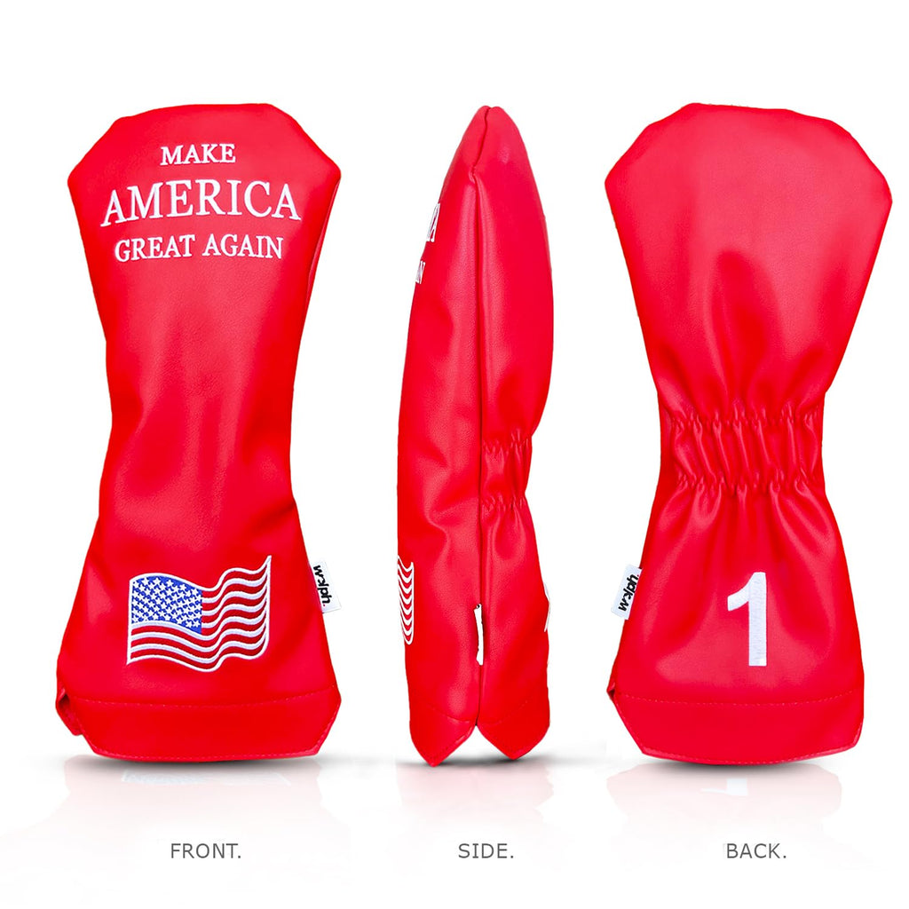 Wolph USA Driver Head Cover – Premium Leather, Iconic Red MAGA Hat Style – Trump-Inspired Funny Headcover – Trump Golf Accessories & Gift for Men and Women – Customize Your Bag.