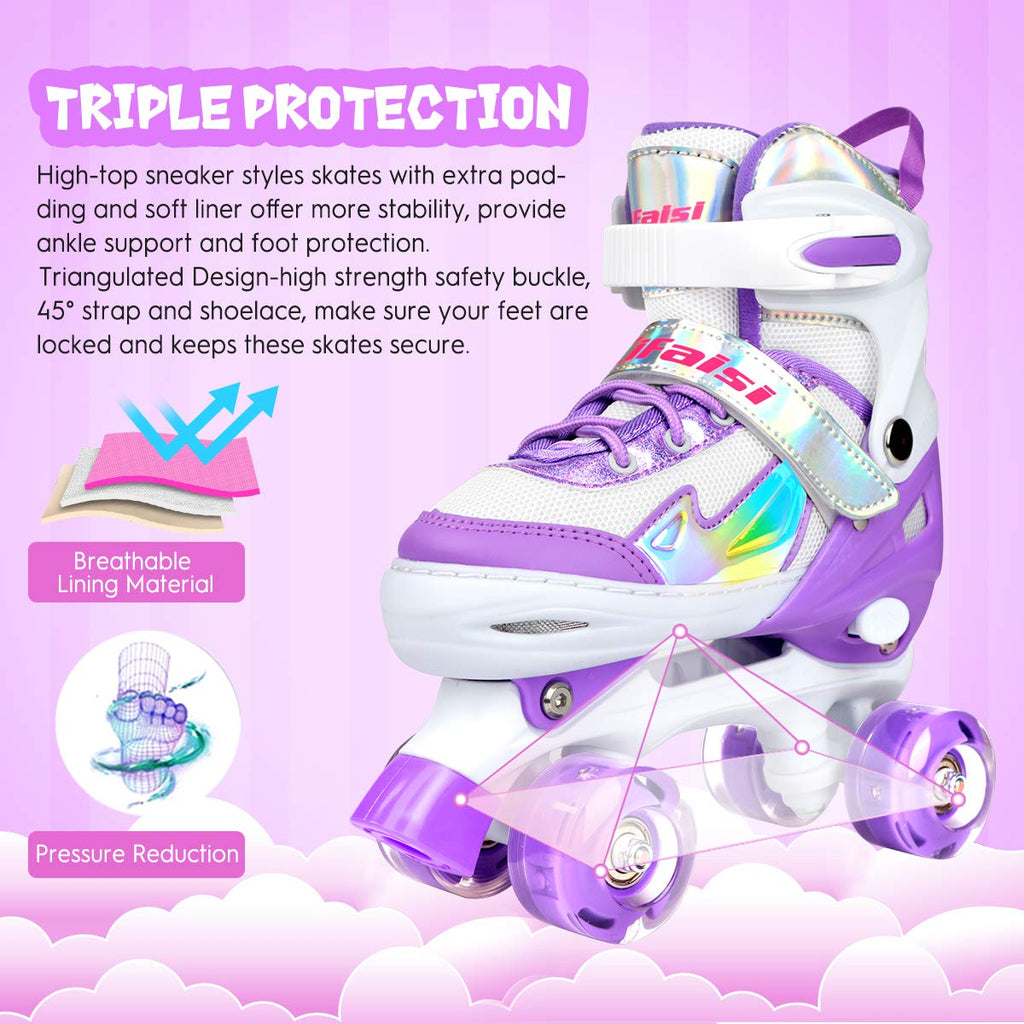 Roller Skates for Girls Boys Kids, Black Pink 4 Sizes Adjustable Kids Roller Skates with Light up Wheels and Shining Upper Design, for Ages 4-13