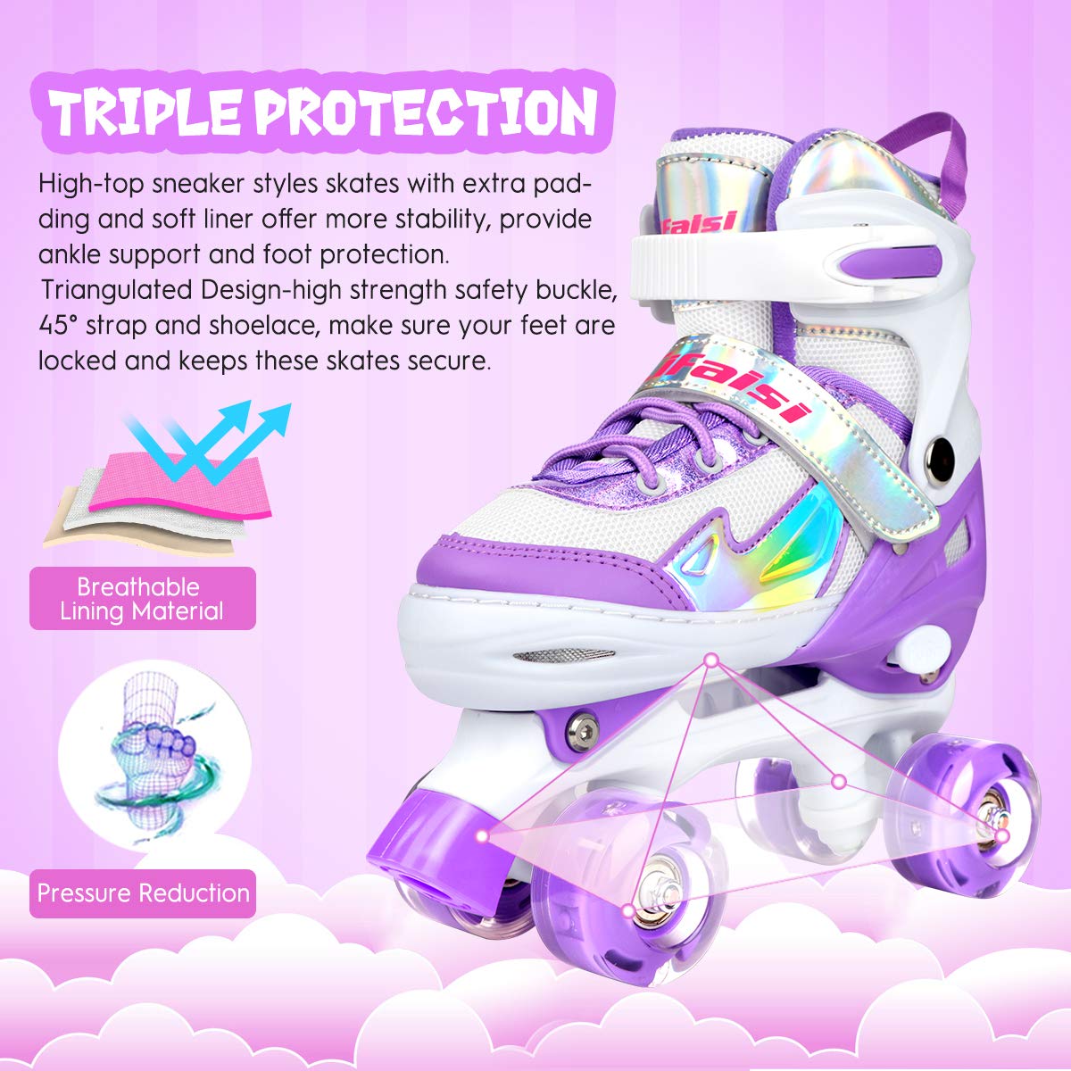 Roller Skates for Girls Boys Kids, Black Pink 4 Sizes Adjustable Kids Roller Skates with Light up Wheels and Shining Upper Design, for Ages 4-13