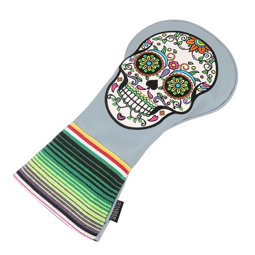 SHABIER Grey Golf Driver Headcover with Green Eyes Embroidery Sugar Skull Design for Golf Driver Club