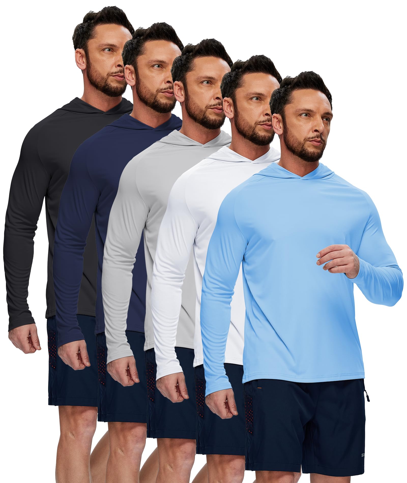 Sun Shirts for Men Long Sleeve Fishing Shirts Sun Hoodies Rash Guard Summer Hooded UPF 50+ Sun Protection Running Athletic Hoodie 5 Pack