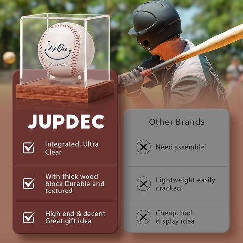JupDec Baseball Display Case - Clear Cube Holder with Wooden Base for Autographed Balls | Acacia Wood, Brown