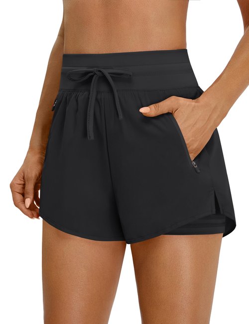 BMJL Womens 2 in 1 Running Shorts for Gym 2.5" Black High Waisted Drawstring Athletic Workout Shorts 3 Pockets（M,Black）