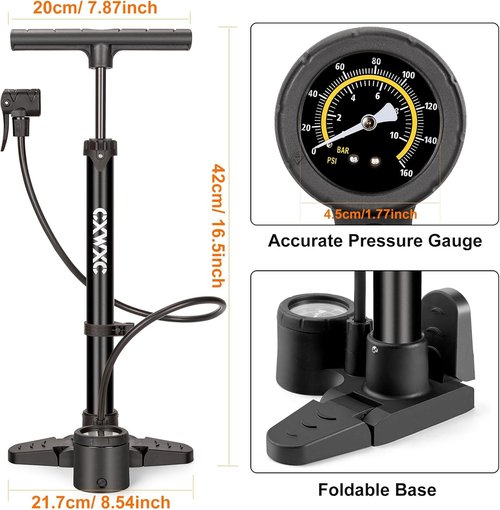 Bike Pump with Pressure Gauge | 160 PSI Portable Air Pump for Presta & Schrader Valves