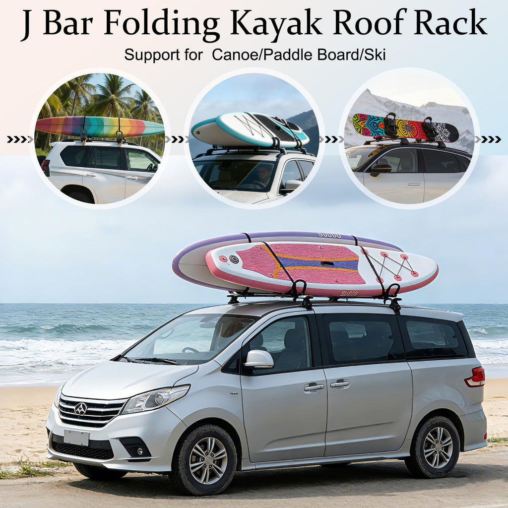 SUDOO Folding Kayak Roof Rack 1 Pair 2pcs Foldable J-Bar Heavy Duty Kayak Carrier Universal Fit for Square Oval Factory Crossbars for Kayaks Canoes Surfboards Ski Boards