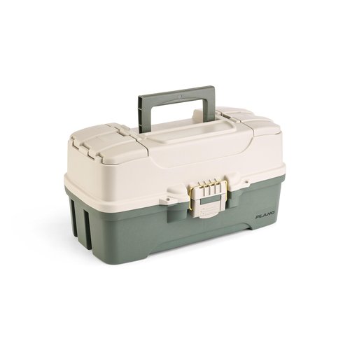 Plano Three-Tray Tackle Box Bass Kit, Tan/Green, Rust-Proof Brass Latch, Top-Access Tray Compartments with Deep Storage, Made in the USA, Portable Fishing Gear Storage Organizer