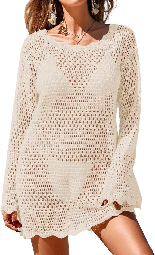 BreathSunny Women's Crochet Swimsuit Cover-Up - Long Sleeve Mesh Knit Mini Dress