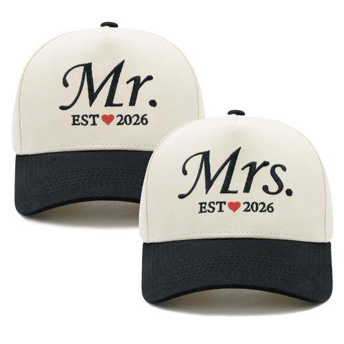 Waldeal Mr and Mrs EST 2026 Couple Hats Set, Matching His and Hers Embroidered Baseball Caps for Wedding, for Couples, Bride and Groom Beige/Black