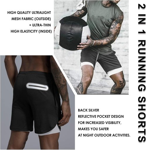 Leidowei Men's 2-in-1 Workout Running Shorts - Lightweight Training & Yoga Gym Shorts with Zipper Pockets | 7" Length
