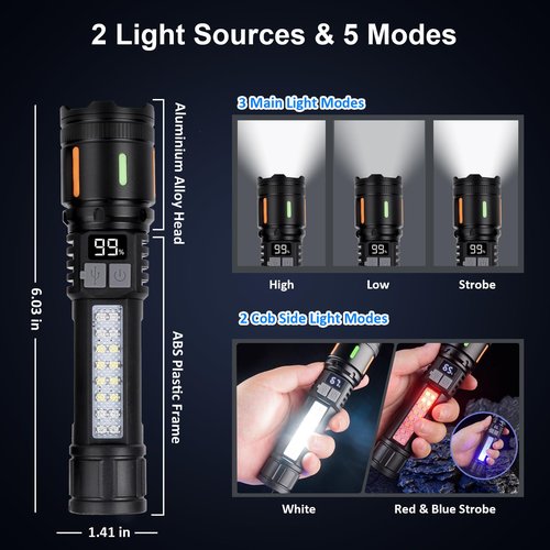 Flashlights High Lumens Rechargeable 3 Packs, 900,000L Handheld Tactical Led Flashlight High Powered with 5 Light Modes, Cob Side Light, USB C, Zoomable, Super Bright Flash light for Emergency