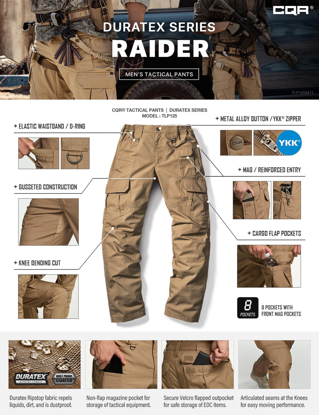 CQR Men's Tactical Pants, Water Resistant Ripstop Cargo Pants, Lightweight EDC Work Hiking Pants, Outdoor Apparel, Raider Mag Cougar, 28W x 30L