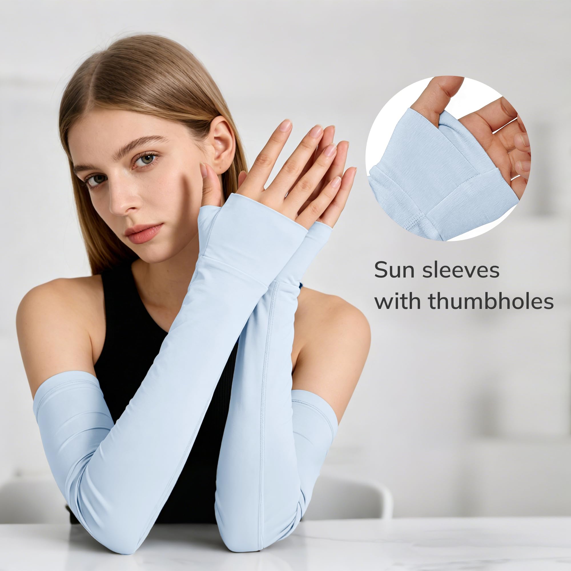 netdraw Unisex Bamboo Viscose Arm Sleeves with Thumb Hole, Cooling UPF 50+ UV Sun Protection Sleeves for Outdoors, Light Blue, Small/Medium