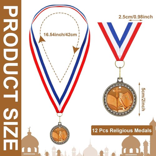 Libima 12 Pcs Religious Award Medals - Cross Medals with Neck Ribbons for Kids' Trophy Gifts