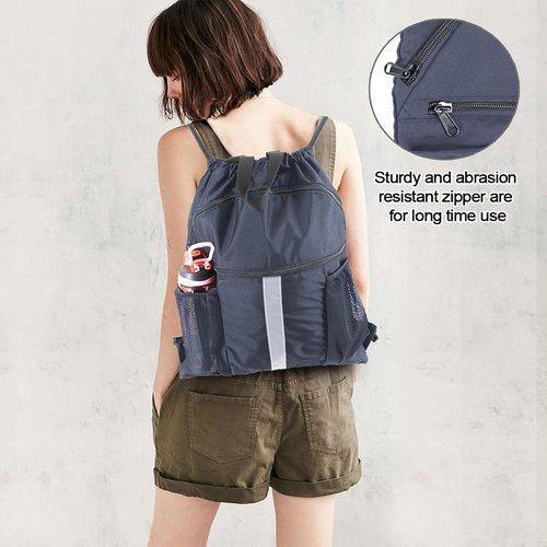 BeeGreen X-Large Drawstring Backpack - Black Gym Bag with Shoe Compartment for Sports & Travel