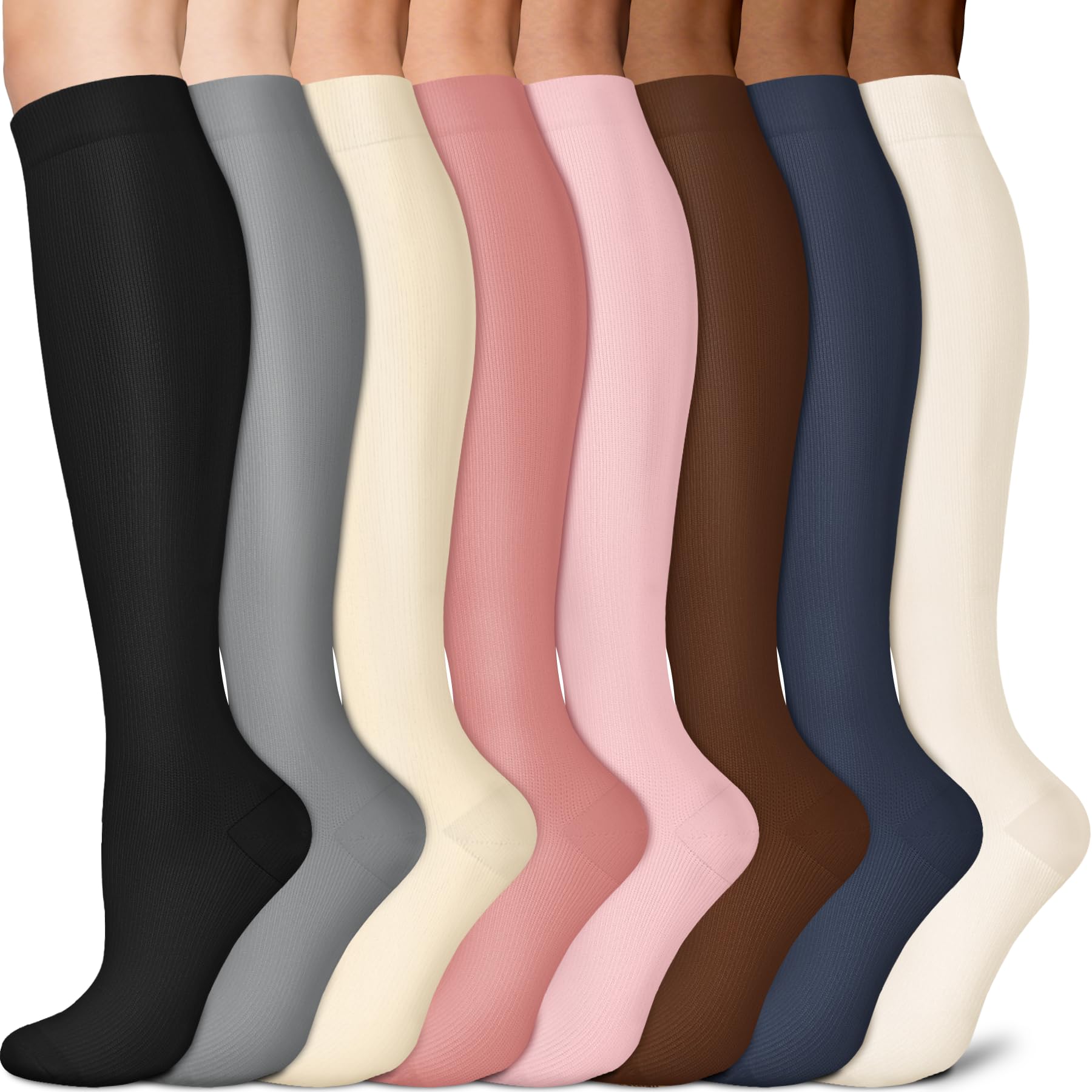 Sooverki Compression Socks for Men & Women Circulation 8 Pack 15-20mmHg - Knee High Stockings Best Support for Wide Calf Bulk Gifts Running Black White Pink Navy Brown Nude Colorful