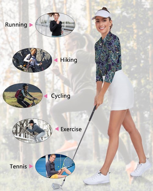Women's 3/4 Sleeve Golf Shirts Sun Protection Workout Pullover 3/4 Zip Sweatshirt Athletic Running Top (Dark Navy Paisley,Medium)