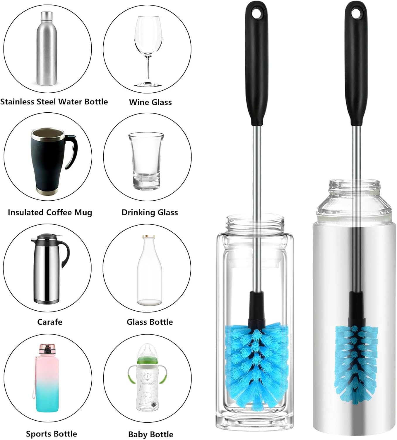 Skiennix Long Handled Water Bottle Brush - Multi-Purpose Soft Scrubbing Tool | 15-Inch, Sky Blue