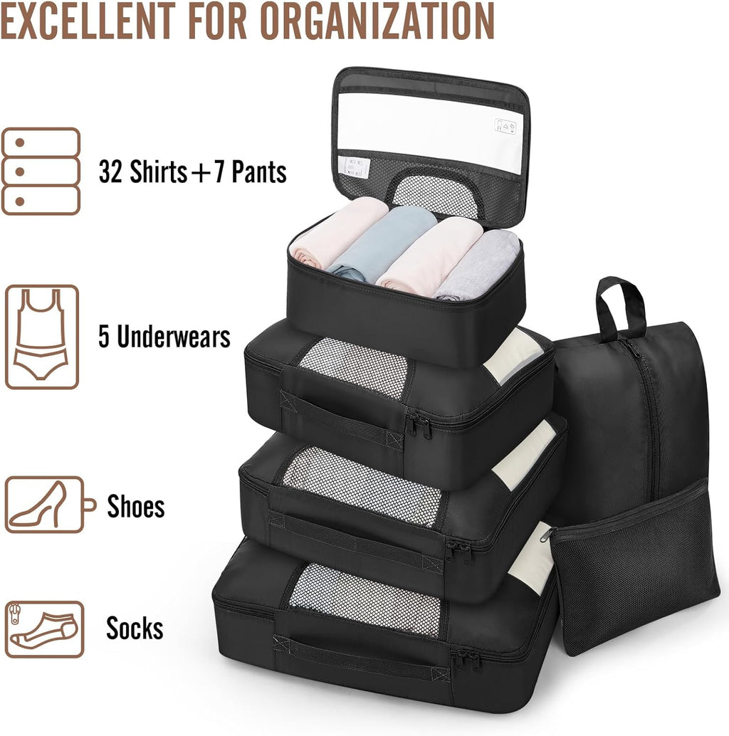 Veken Packing Cubes Set - Travel Organizer Bags with Laundry Bag & Passport Holder | 4 Sizes for Suitcase