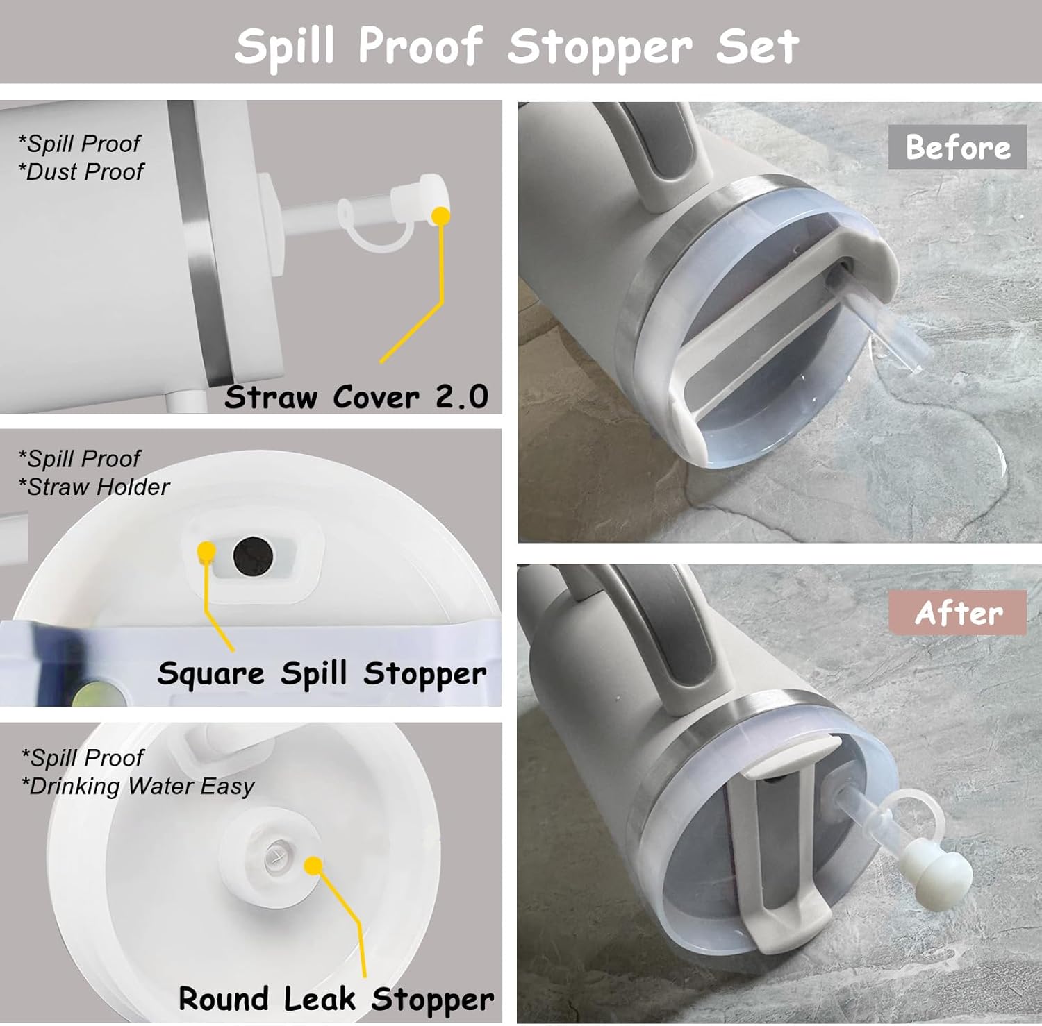 Stanley Cup Accessories Set - 2 Straw Covers, Silicone Stopper & Handle Charm | Fits 30 & 40 Oz Tumblers (Grey)