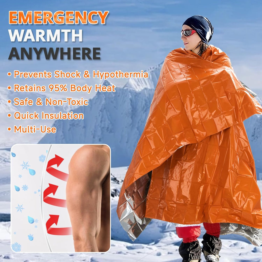 SecuCaptain Emergency Thermal Blankets - Thick 28um Mylar Kit for Cold Weather Camping | 4 Pack Orange