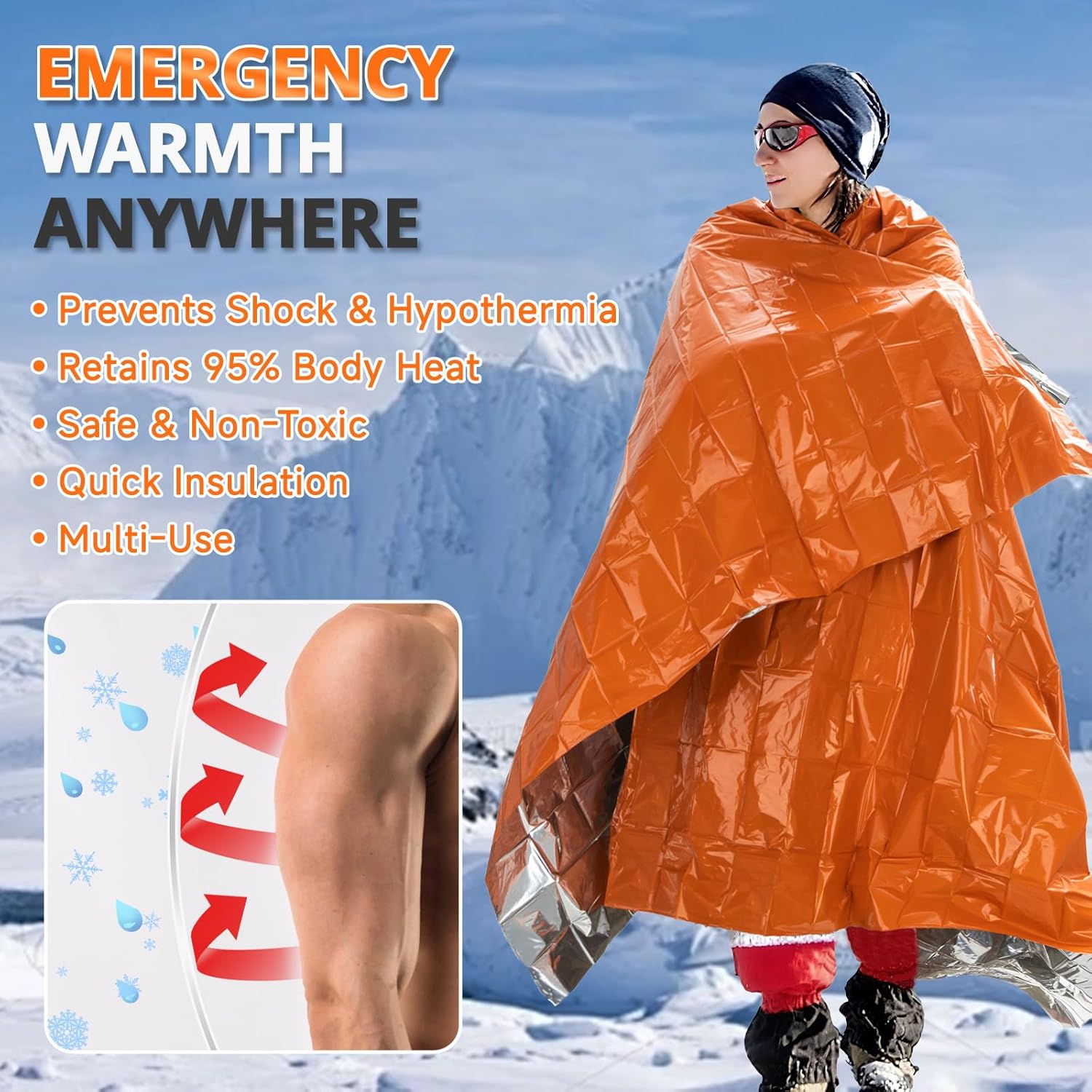 SecuCaptain Emergency Thermal Blankets - Thick 28um Mylar Kit for Cold Weather Camping | 4 Pack Orange
