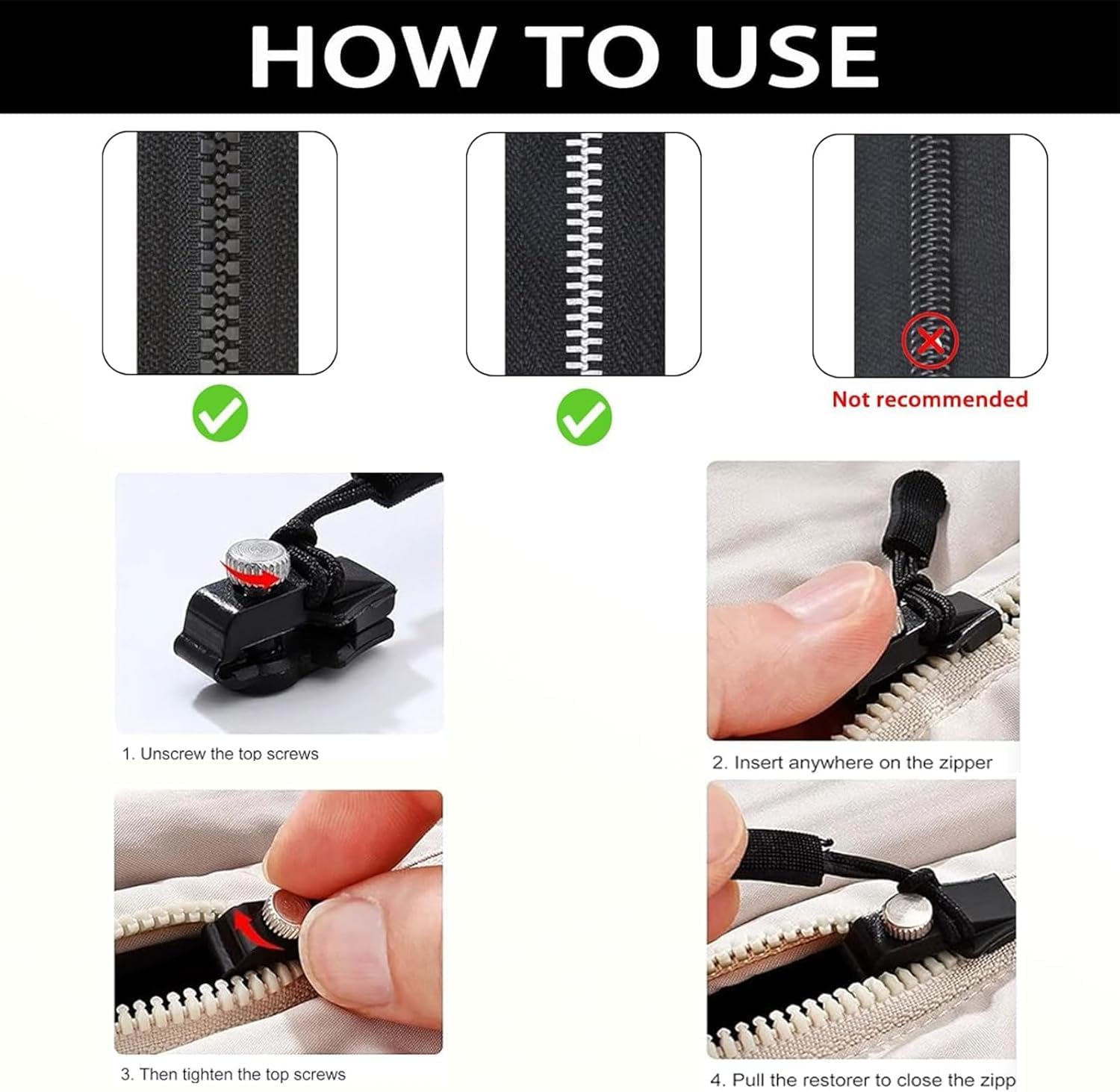 Universal Zipper Repair Kit - Quick Install Detachable Zip Heads for Nylon & Metal Zippers | 3 Sizes