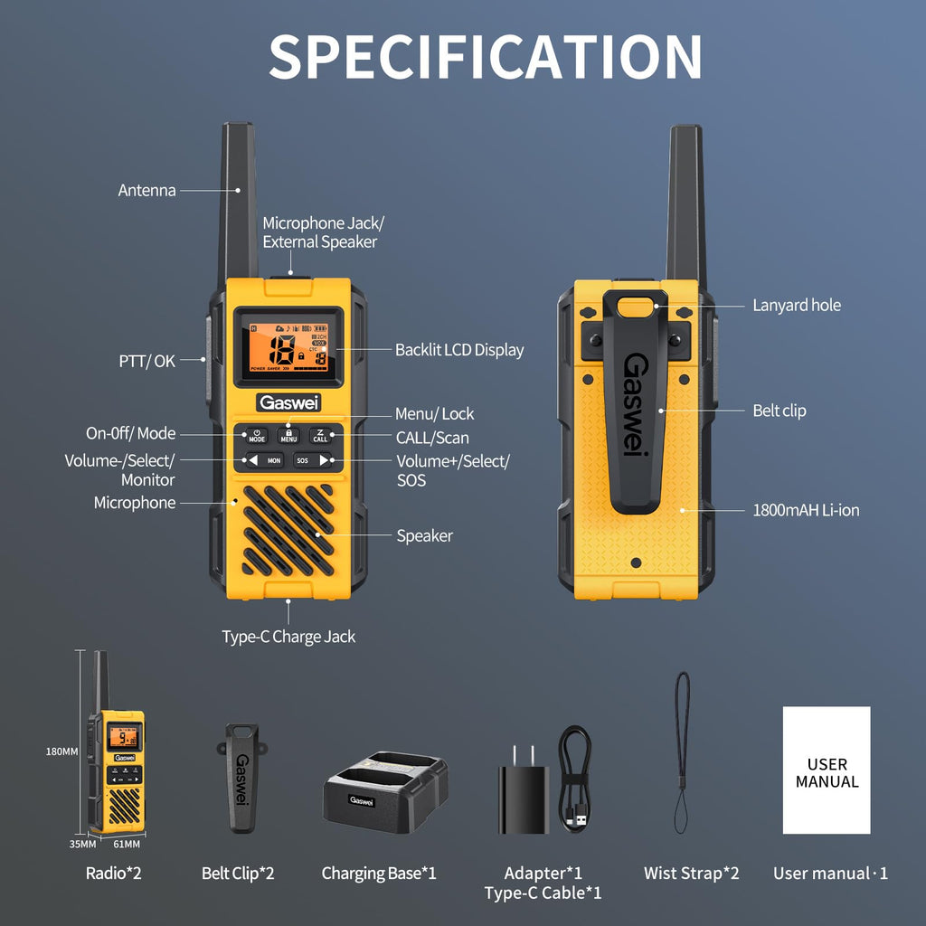 Gaswei G1pro+ IP67 Waterproof Walkie Talkies Long Range for Adults, Heavy Duty Two Way Radio with FM Radio,VOX,SOS & NOAA Weather Alerts,USB-C Rechargeable