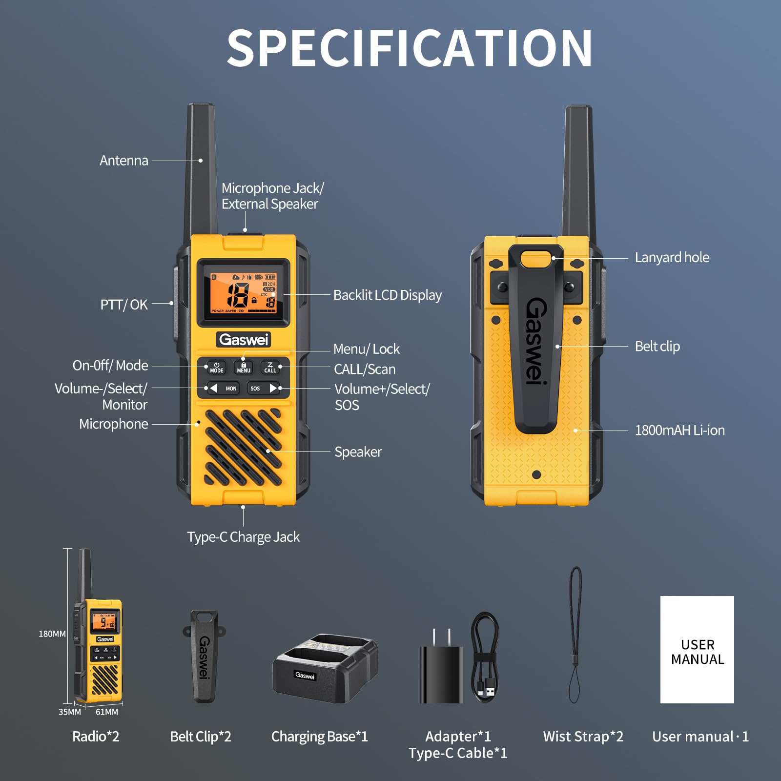 Gaswei G1pro+ IP67 Waterproof Walkie Talkies Long Range for Adults, Heavy Duty Two Way Radio with FM Radio,VOX,SOS & NOAA Weather Alerts,USB-C Rechargeable