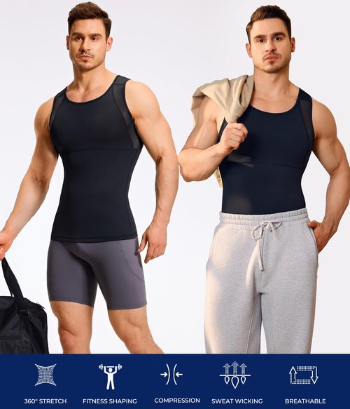 TAILONG Mens Compression Shirt Tank Top Undershirt Shapewear Slimming Body Shaper Vest Mesh Workout Shirts Black