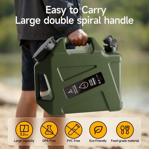 LEDLAY 3.2GAL Camping Water Jug, Portable Water Storage Container with Spigot, Leak-Proof Lid & Dual Handles, Outdoor Water Tank for Camping, RV, Emergency Preparedness