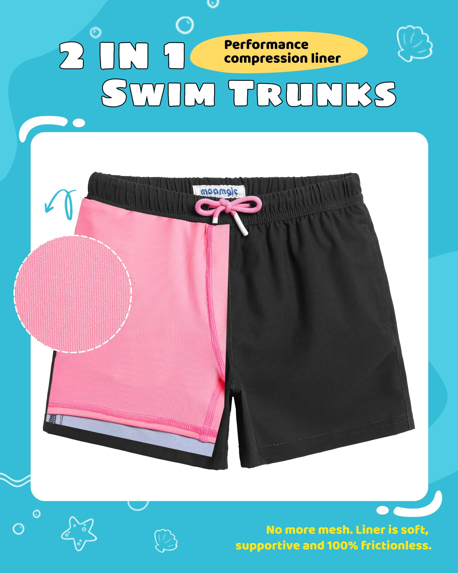 maamgic Boys Swim Trunks with Compression Liner Toddler Stretch Swim Shorts Quick Dry Swimming Trunks Boxer Brief 2 in 1 Beach Shorts Black Pink 2T