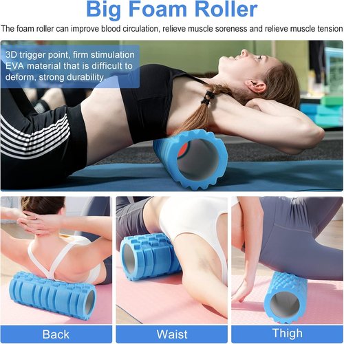 Aucuu Foam Roller Set - 5 in 1 Massage Tools with Yoga Stick, Ball, Strap & Carrying Bag | Blue