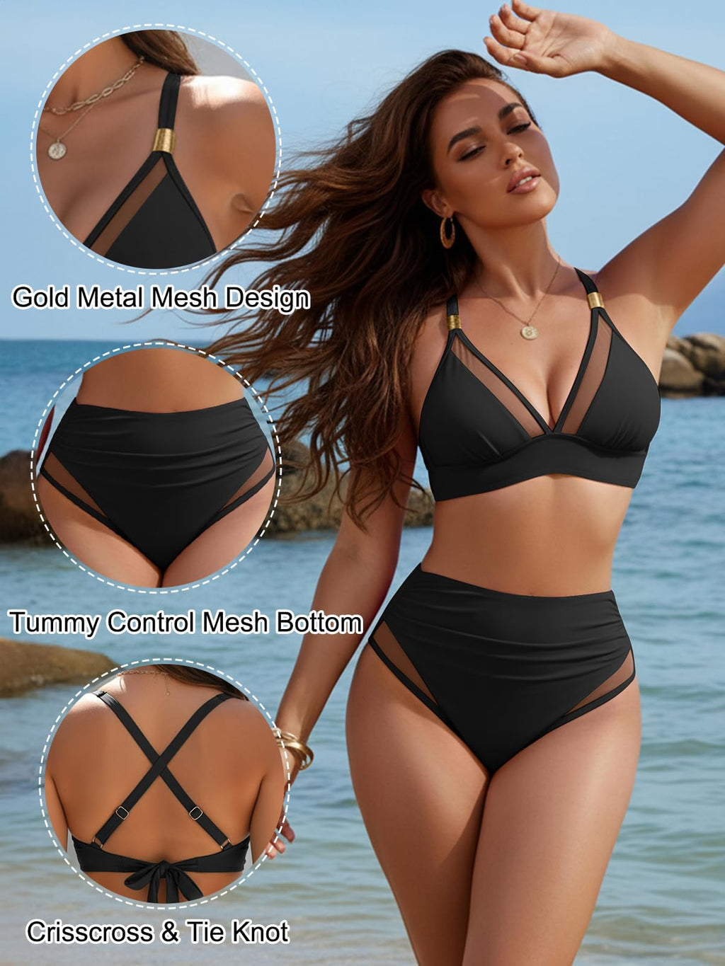 Blooming Jelly Womens High Waisted Bikini Tummy Control 2 Piece Bathing Suits Curvy Ruched 2026 Swim Suits (M, Black)