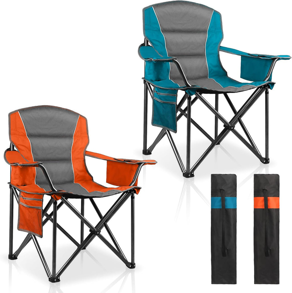 Skiennix Padded Oversized Camping Chairs - Heavy Duty 400 Lbs Support | Portable Folding Lawn Chair with Cup Holder & Cooler Bag (Orange & Blue)