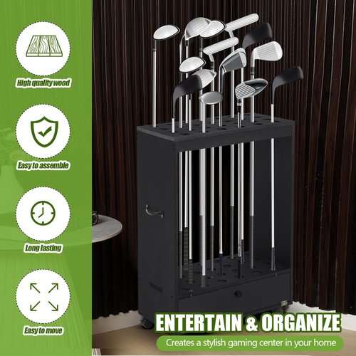 Silipull 27 Hole Golf Club Stand Holder Wooden Golf Club Organizer Putter Display Rack with Storage Drawer and Wheel for Indoor Home Office Simulator Garage(Black)