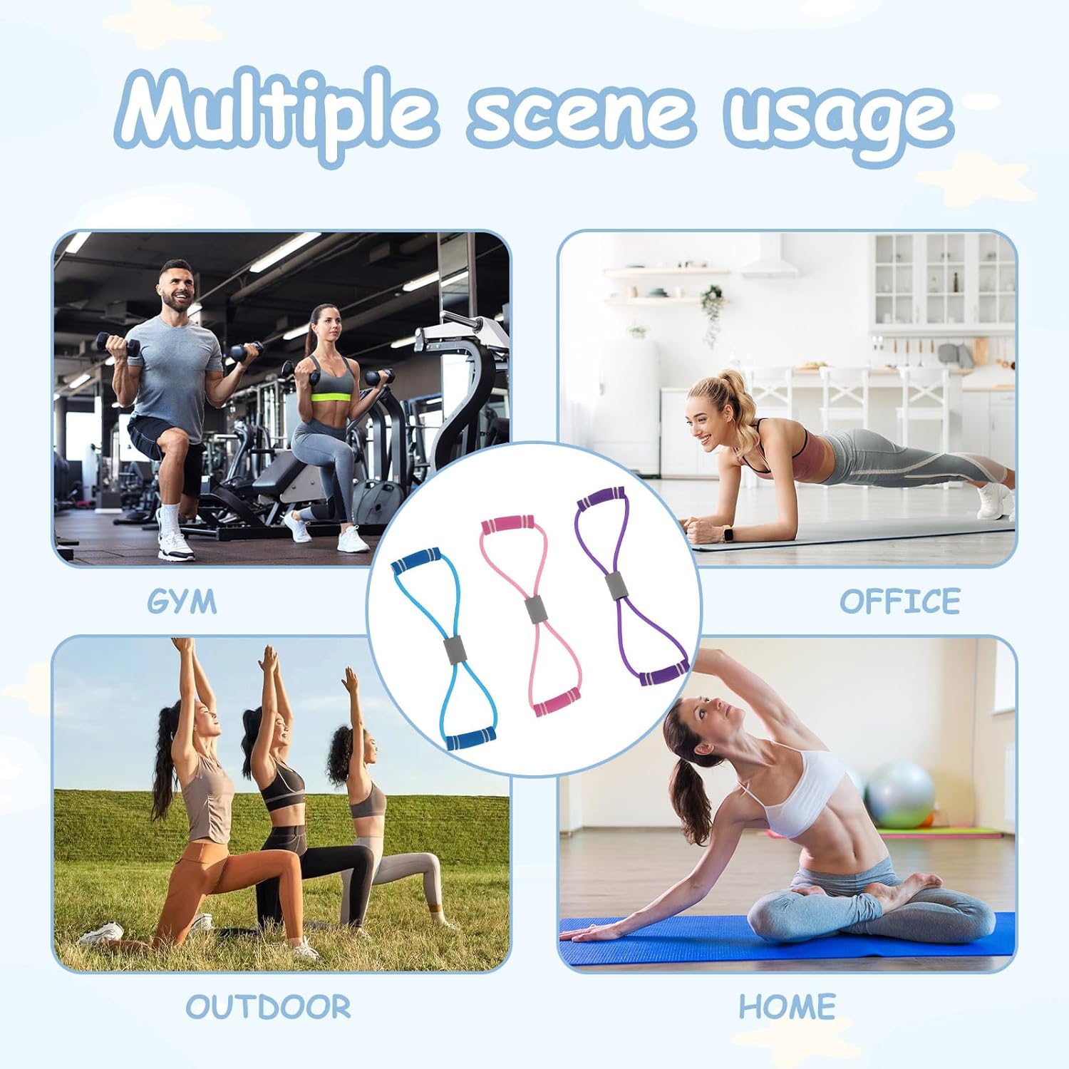 Saludea Resistance Bands - 3-Piece Figure 8 Set with Handles for Full-Body Strength Training | Pink, Purple, Blue
