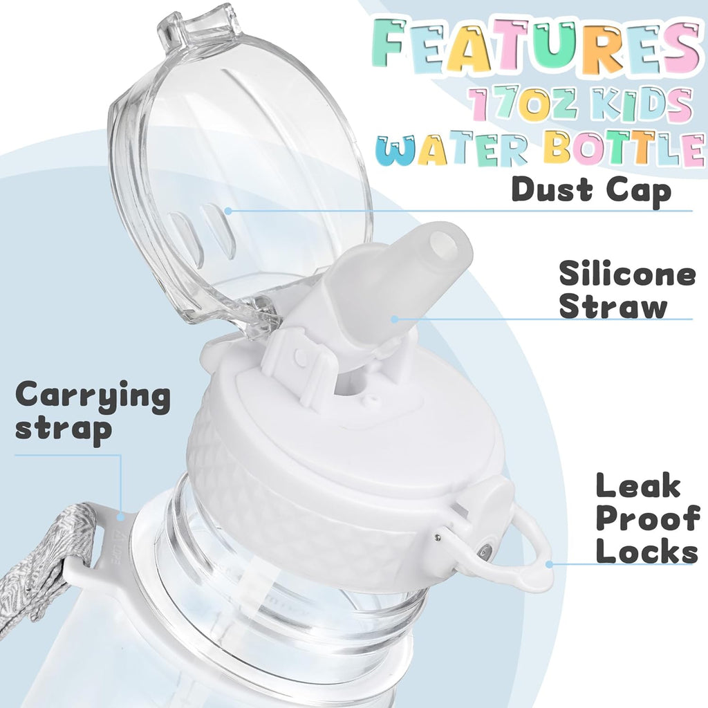 OLDLEY 17oz Kids Water Bottle - Motivational Design with Silicone Straw, Leak-Proof & BPA-Free, Clear