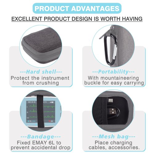 EVGRDCS Hard Carrying Case Compatible with EMAY 6L Portable ECG Monitor,Scratch and Fall Resistant, with mesh Bag (Case Only)