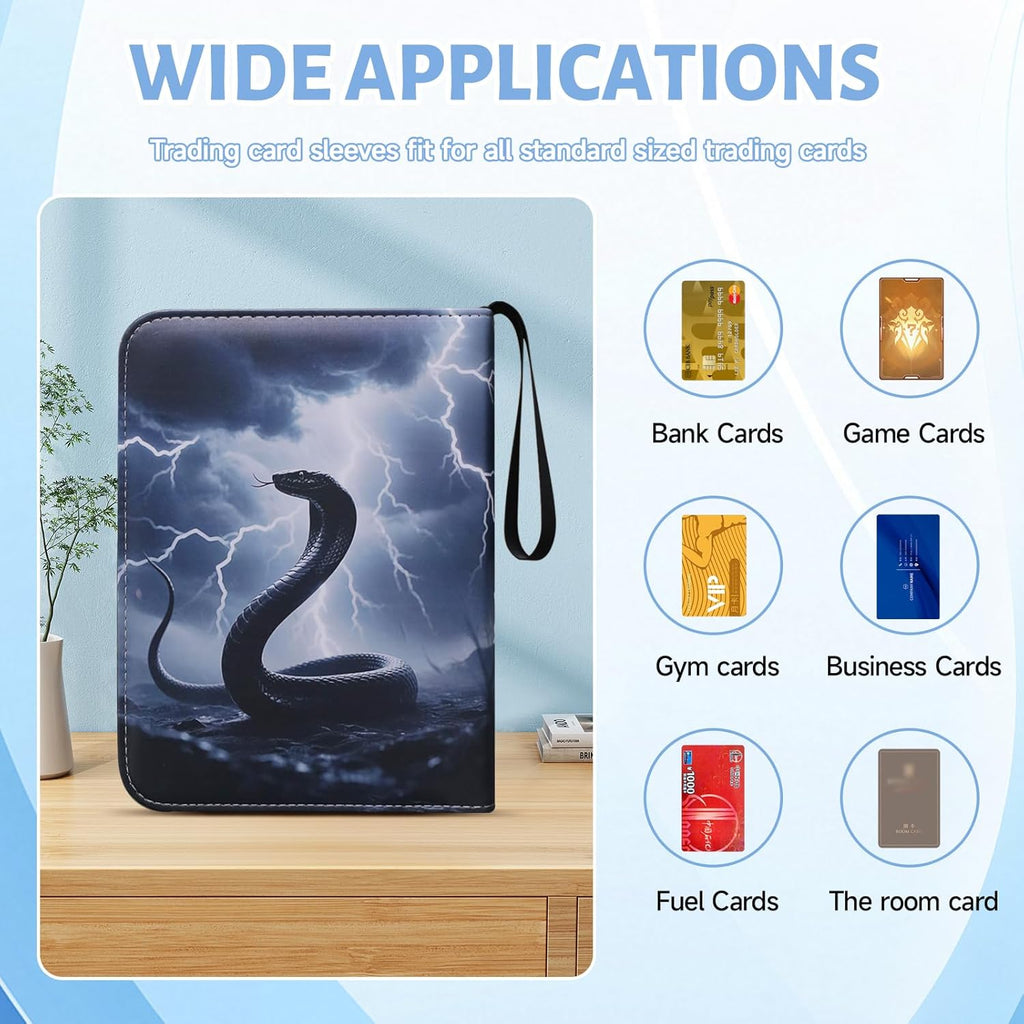 Skiennix Trading Card Binder - Premium 4-Pocket Album with 400 Removable Sleeves | Waterproof Black Serpent Design