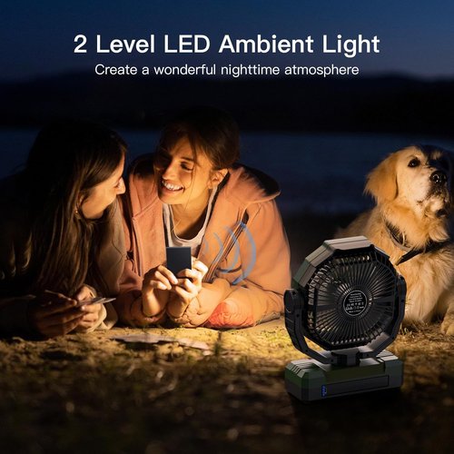 FRIZCOL 3-in-1 Camping Fan - Rechargeable Portable Fan with 24000mAh Battery, Light & Remote - Green for Outdoor Adventures
