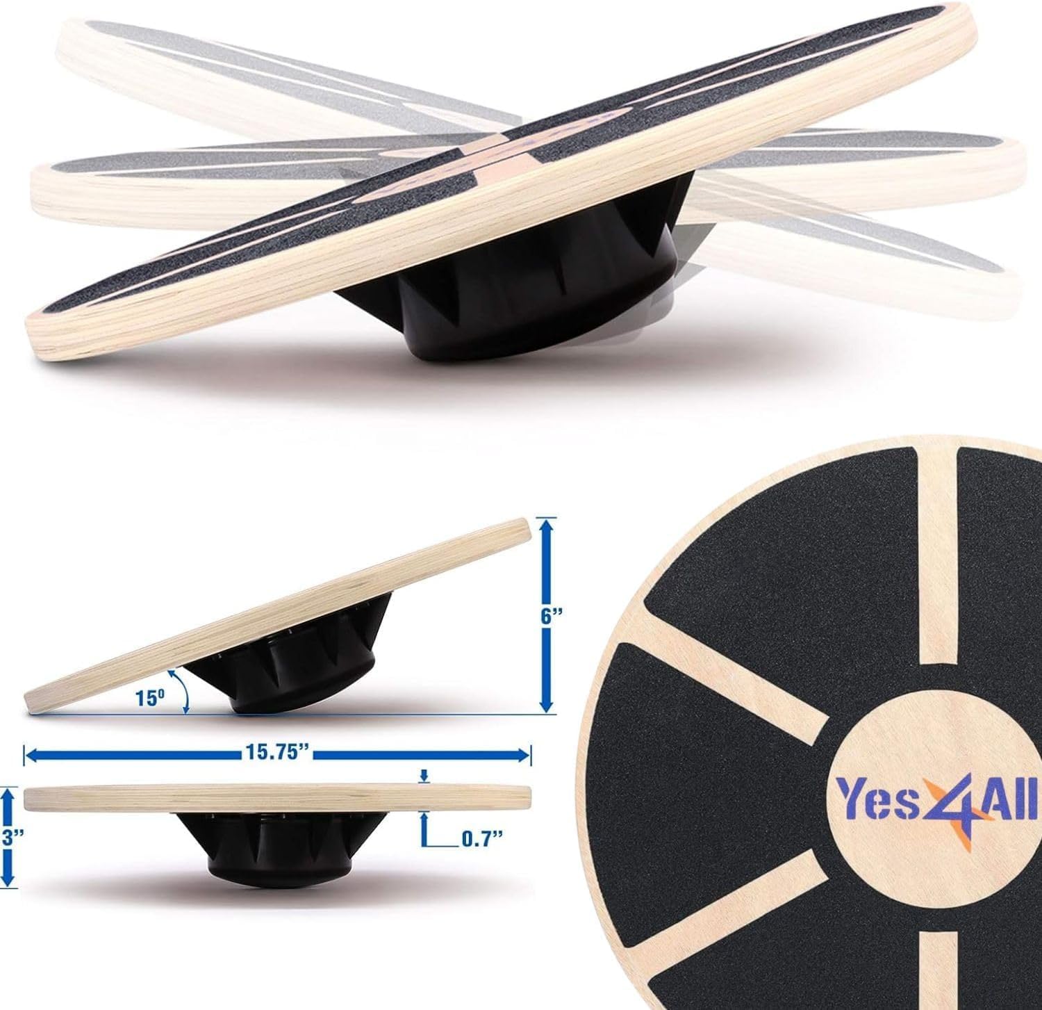 Yes4All 300lbs Wooden Wobble Board - 360-Degree Balance Trainer for Adults with Anti-Skid Texture