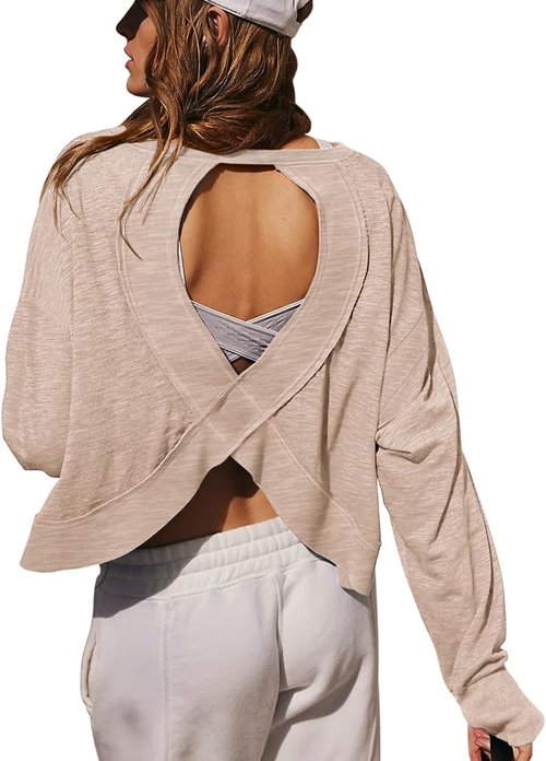 LASLULU Women's Open Back Long Sleeve Workout Top - Casual Y2K Yoga & Gym Tee in Stylish Design