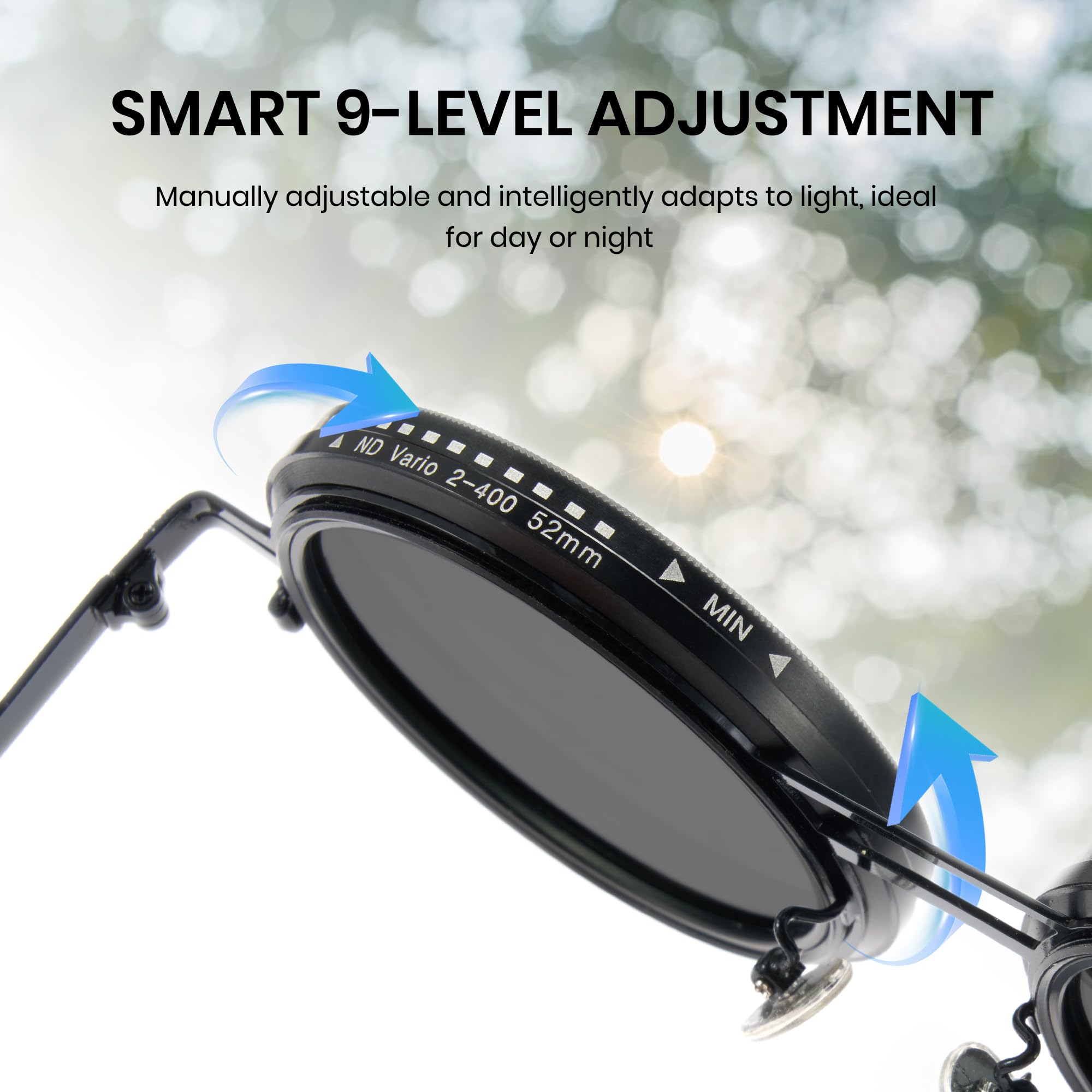 Cyxus Adjustable Tint Sunglasses 1-9 Gears Rounded Polarized Glasses with ND Filter Lenses Advanced ND Filter Lens Technology（P1299B02 Black）