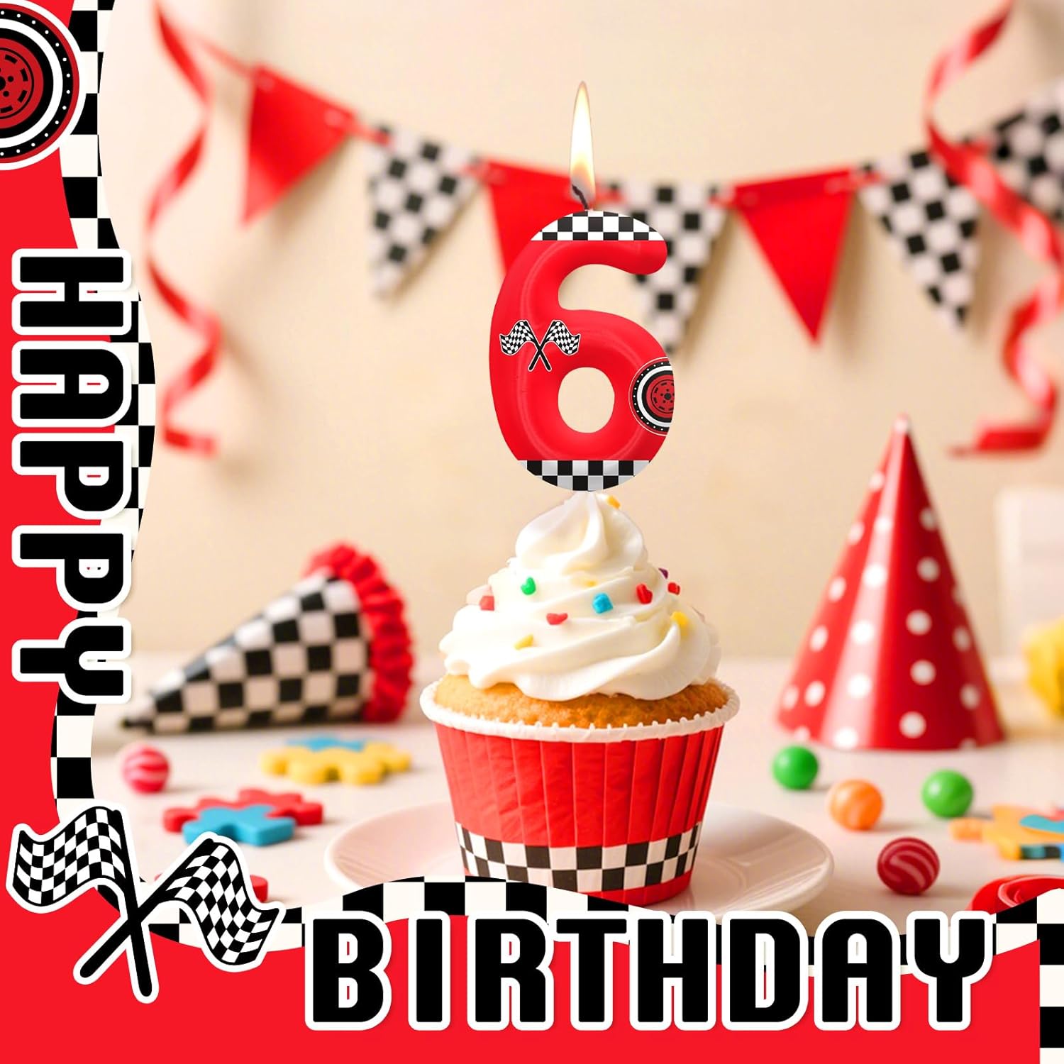 Red Number 3 Birthday Candles - Racing Cars Themed Cake Topper for Boys & Girls Party Decor