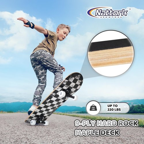 Nattork 31 Inch Complete Skateboard, Standard Skateboards Gift for Beginners, Wood 9 Layer Canadian Maple Trick Skate Boards for Boys Girls Youth Teens Checkerboard